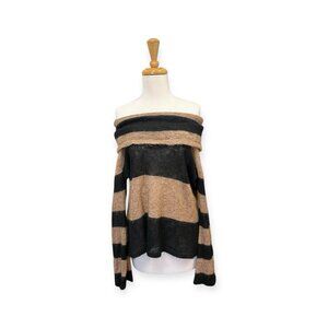 Free People Lulu Rugby Stripe Sweater Size Medium Brown Black Off the Shoulder